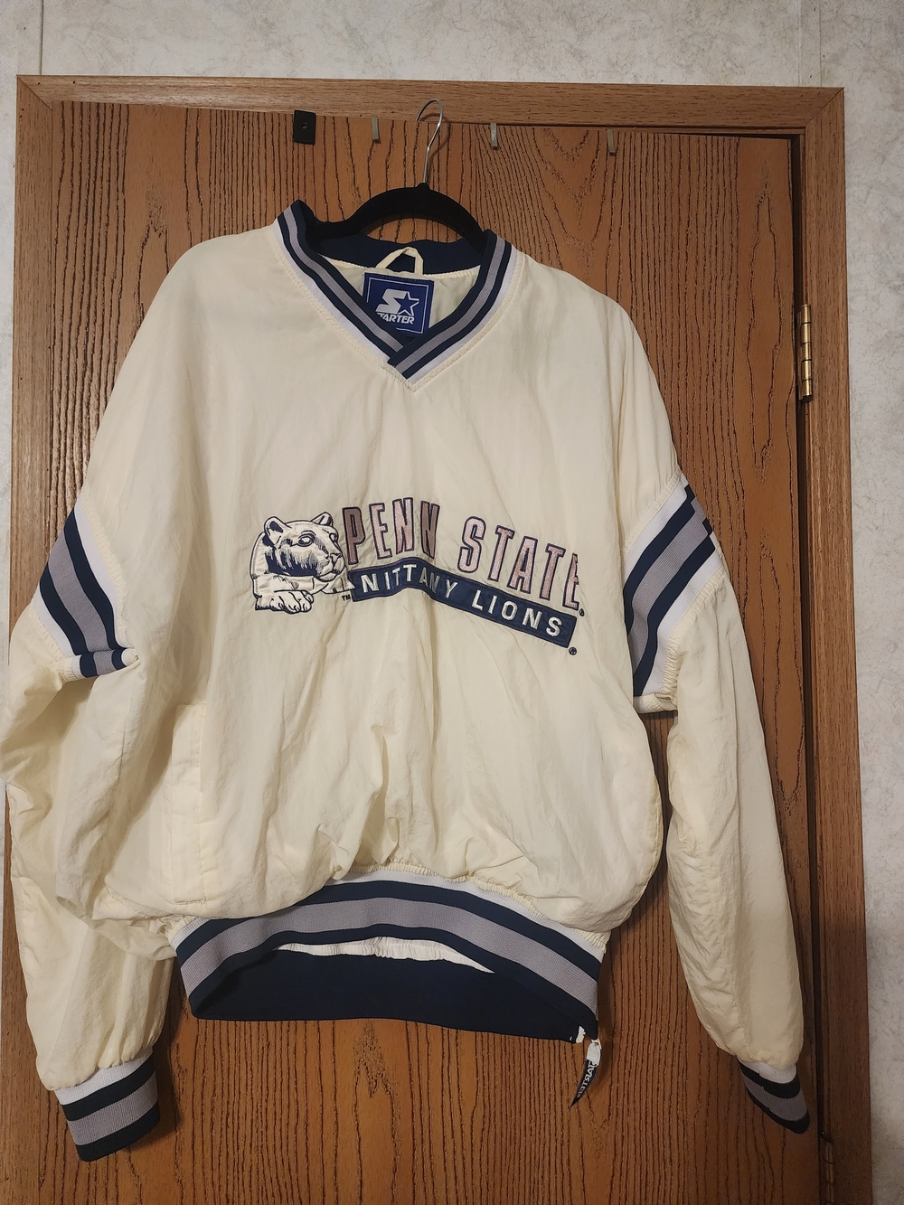 STARTER Cream and Navy Penn State Nittany Lions Pullover Bomber